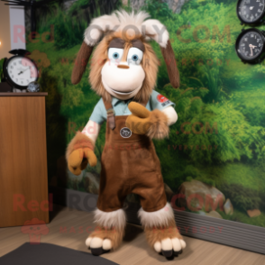 Brown Angora Goat mascot costume character dressed with a Dungarees and Bracelet watches