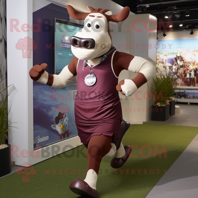 Maroon Cow mascot costume character dressed with a Running Shorts and Necklaces