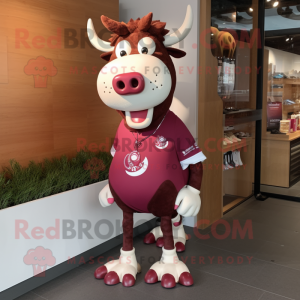 Maroon Cow mascot costume character dressed with a Running Shorts and Necklaces