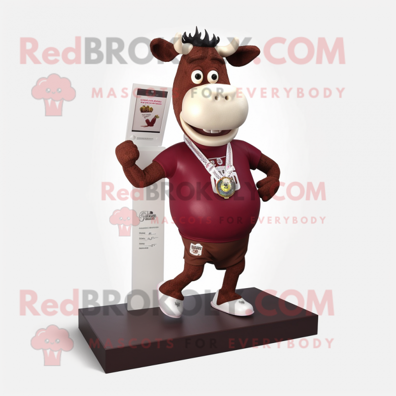 Maroon Cow mascot costume character dressed with a Running Shorts and Necklaces Maroon Cow mascot costume character dressed with a Running Shorts and Necklaces