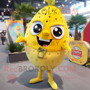 Lemon Yellow Tacos mascot costume character dressed with a Bikini and Lapel pins