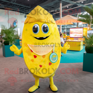 Lemon Yellow Tacos mascot costume character dressed with a Bikini and Lapel pins