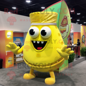 Lemon Yellow Tacos mascot costume character dressed with a Bikini and Lapel pins