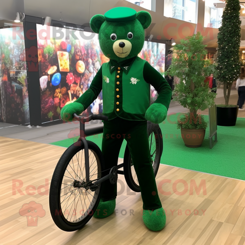 Forest Green Unicyclist mascot costume character dressed with a Trousers and Suspenders Forest Green Unicyclist mascot costume character dressed with a Trousers and Suspenders