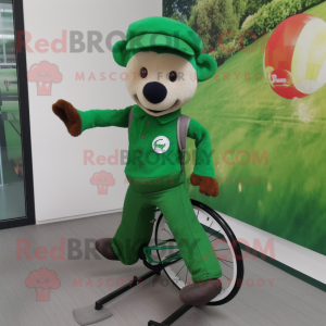 Forest Green Unicyclist mascot costume character dressed with a Trousers and Suspenders