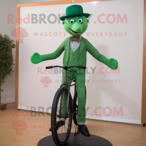 Forest Green Unicyclist mascot costume character dressed with a Trousers and Suspenders