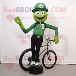 Forest Green Unicyclist mascot costume character dressed with a Trousers and Suspenders