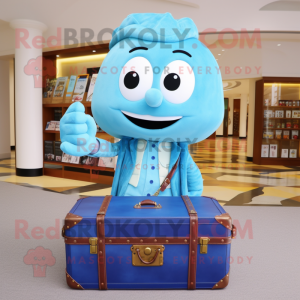 Sky Blue Treasure Chest mascot costume character dressed with a Oxford Shirt and Handbags