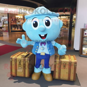 Sky Blue Treasure Chest mascot costume character dressed with a Oxford Shirt and Handbags