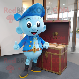 Sky Blue Treasure Chest mascot costume character dressed with a Oxford Shirt and Handbags