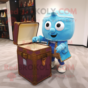 Sky Blue Treasure Chest mascot costume character dressed with a Oxford Shirt and Handbags