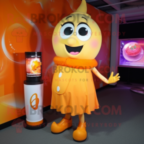 Orange Scented Candle mascot costume character dressed with a Skirt and Digital watches