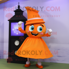 Orange Scented Candle mascot costume character dressed with a Skirt and Digital watches