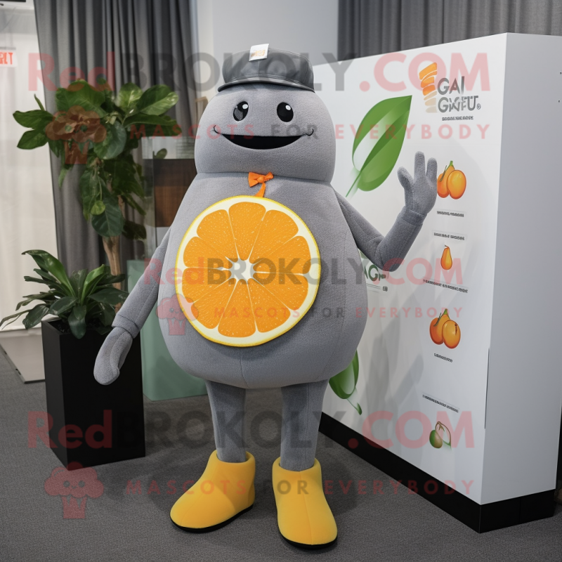 Gray Grapefruit mascot costume character dressed with a Turtleneck and Lapel pins