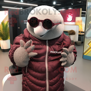 Maroon Pangolin mascot costume character dressed with a Parka and Sunglasses