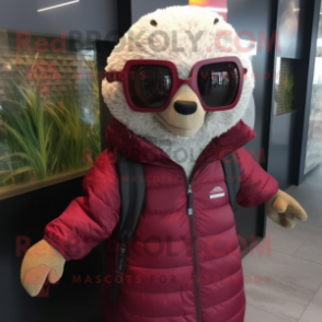 Maroon Pangolin mascot costume character dressed with a Parka and Sunglasses