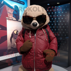Maroon Pangolin mascot costume character dressed with a Parka and Sunglasses