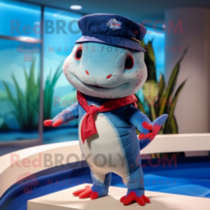 Navy Axolotls mascot costume character dressed with a Swimwear and Hat pins