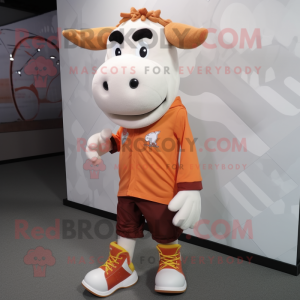 Peach Hereford Cow mascot costume character dressed with a Polo Tee and Shoe laces