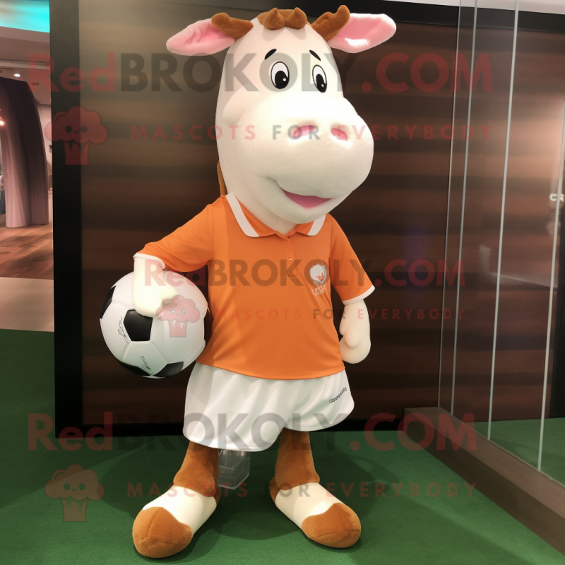 Peach Hereford Cow mascot costume character dressed with a Polo Tee and Shoe laces