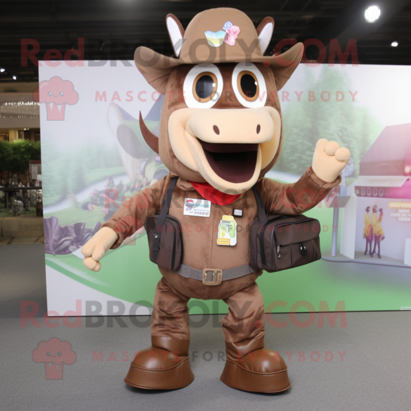 Brown Horseshoe mascot costume character dressed with a Playsuit and Backpacks Brown Horseshoe mascot costume character dressed with a Playsuit and Backpacks