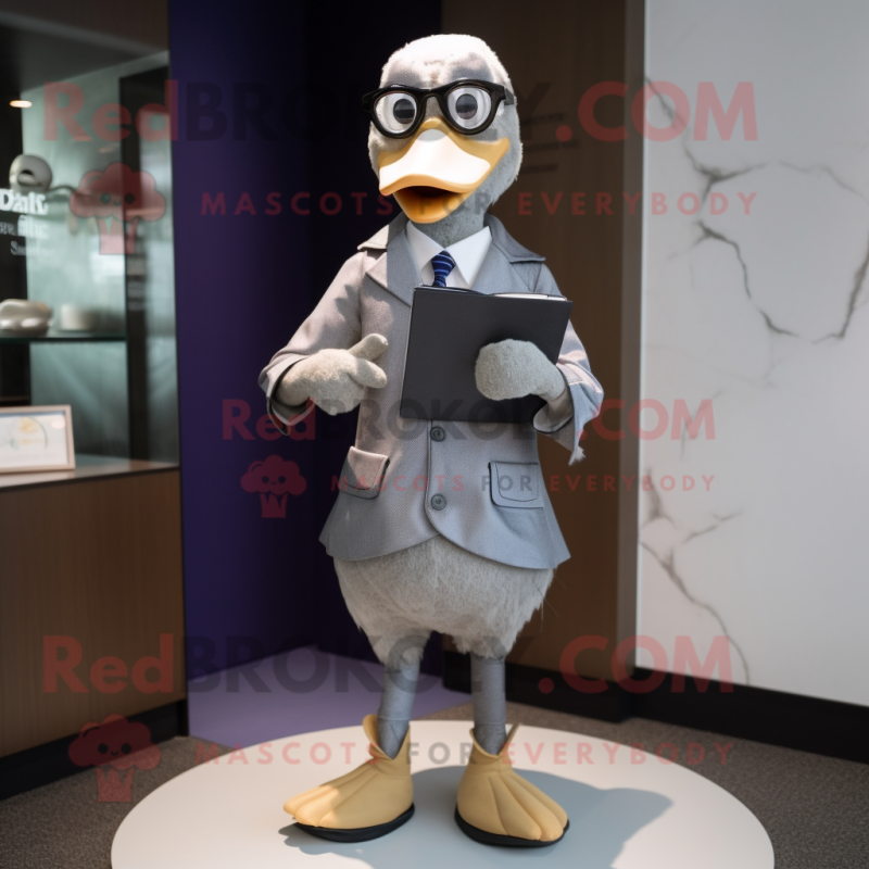 Gray Geese mascot costume character dressed with a Suit Pants and Eyeglasses