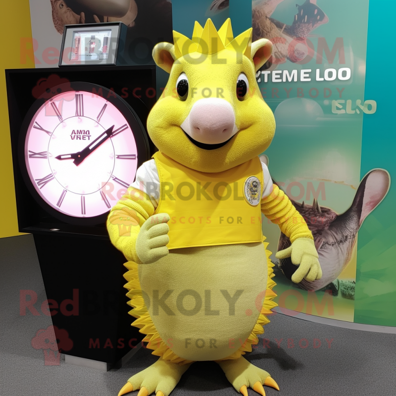 Lemon Yellow Armadillo mascot costume character dressed with a Vest and Bracelet watches