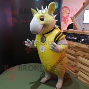 Lemon Yellow Armadillo mascot costume character dressed with a Vest and Bracelet watches