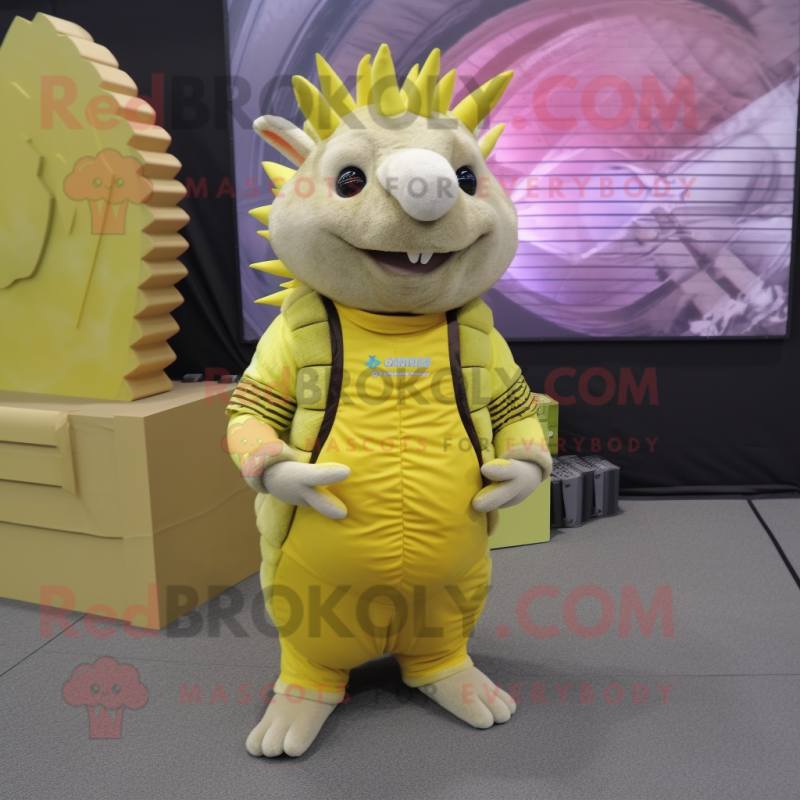 Lemon Yellow Armadillo mascot costume character dressed with a Vest and Bracelet watches