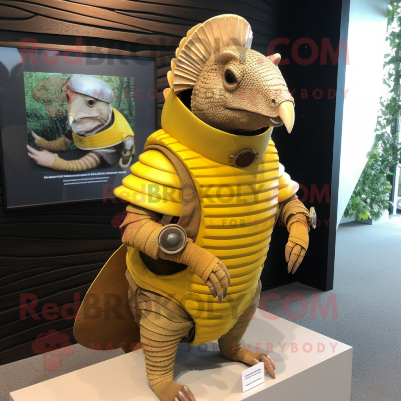 Lemon Yellow Armadillo mascot costume character dressed with a Vest and Bracelet watches