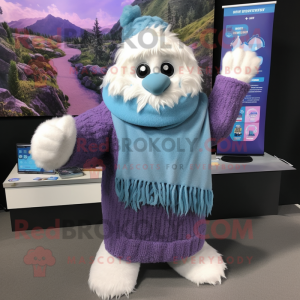Blue Yeti mascot costume character dressed with a Cardigan and Beanies