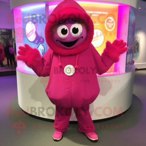 Magenta But mascot costume character dressed with a Parka and Coin purses