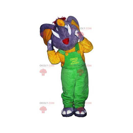 Mascotte d'éléphant gris avec une salopette verte fluo -