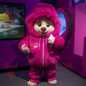 Magenta But mascot costume character dressed with a Parka and Coin purses