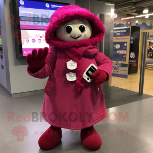 Magenta But mascot costume character dressed with a Parka and Coin purses