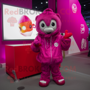 Magenta But mascot costume character dressed with a Parka and Coin purses