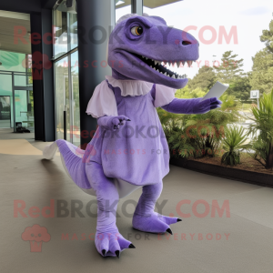 Lavender T Rex mascot costume character dressed with a Sheath Dress and Foot pads