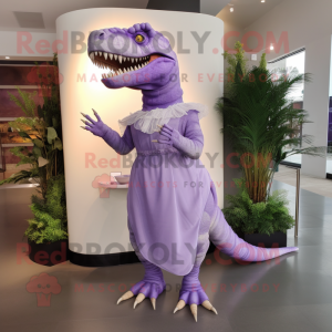 Lavender T Rex mascot costume character dressed with a Sheath Dress and Foot pads