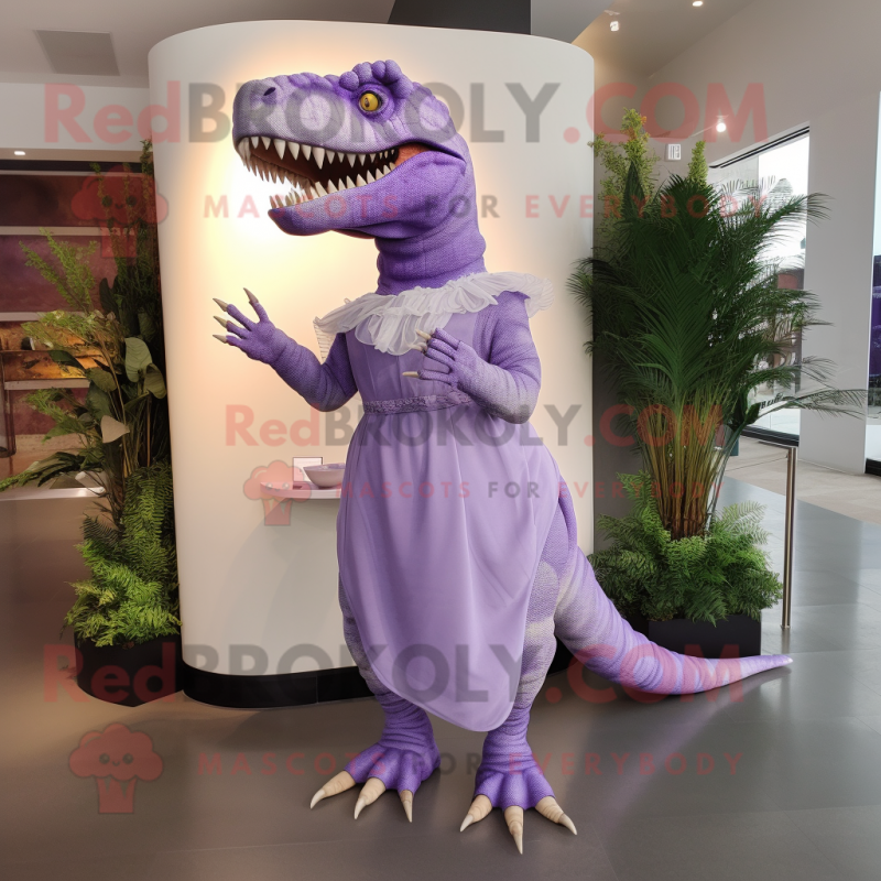 Lavender T Rex mascot costume character dressed with a Sheath Dress and Foot pads Lavender T Rex mascot costume character dressed with a Sheath Dress and Foot pads