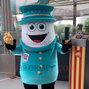 Teal French Fries mascot costume character dressed with a Tank Top and Berets