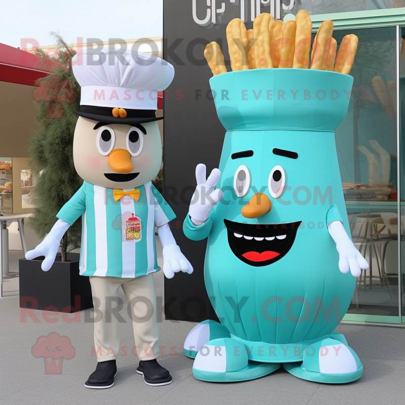 Teal French Fries mascot costume character dressed with a Tank Top and Berets Teal French Fries mascot costume character dressed with a Tank Top and Berets