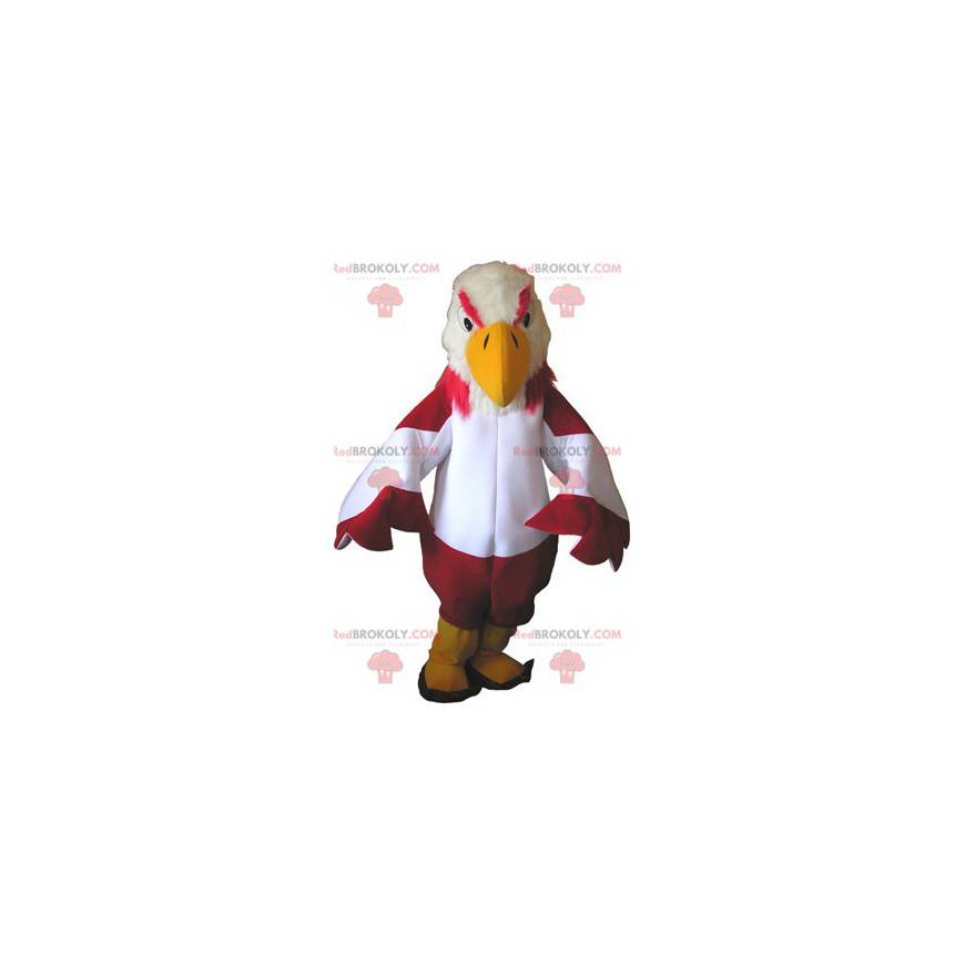 Mascotte de vautour rouge et blanc avec des bottes jaunes -
