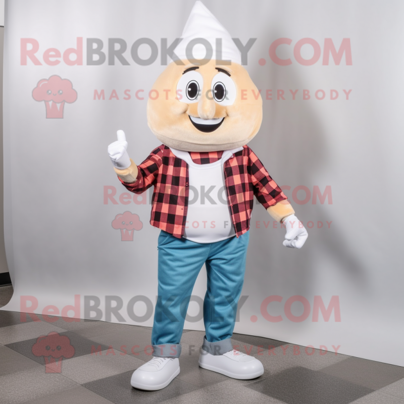 White Ice Cream Cone mascot costume character dressed with a Flannel Shirt and Shoe clips