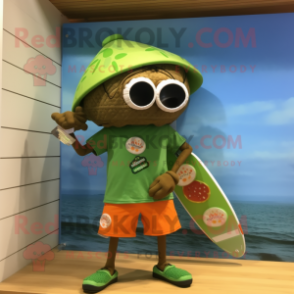 Olive Mandarin mascot costume character dressed with a Board Shorts and Watches