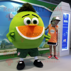 Olive Mandarin mascot costume character dressed with a Board Shorts and Watches