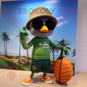 Olive Mandarin mascot costume character dressed with a Board Shorts and Watches