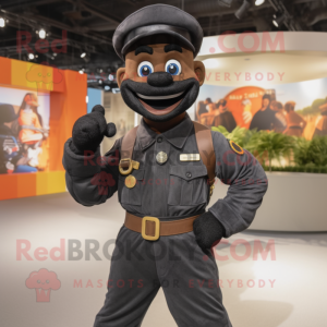 Black Soldier mascot costume character dressed with a Overalls and Belts