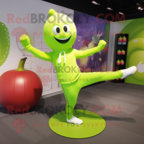 Lime Green Plum mascot costume character dressed with a Yoga Pants and Foot pads