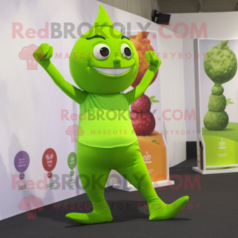 Lime Green Plum mascot costume character dressed with a Yoga Pants and Foot pads Lime Green Plum mascot costume character dressed with a Yoga Pants and Foot pads