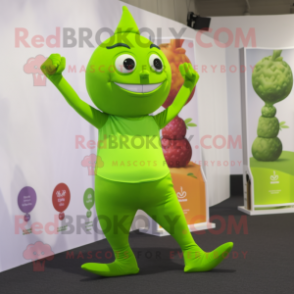 Lime Green Plum mascot costume character dressed with a Yoga Pants and Foot pads